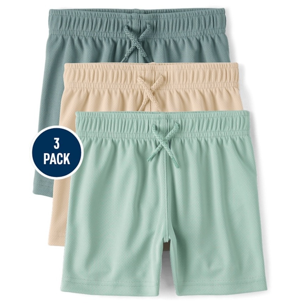 3 Pack Kids Athletic Mesh Shorts Elastic Waist Drawstring Sage Tan Blue Set